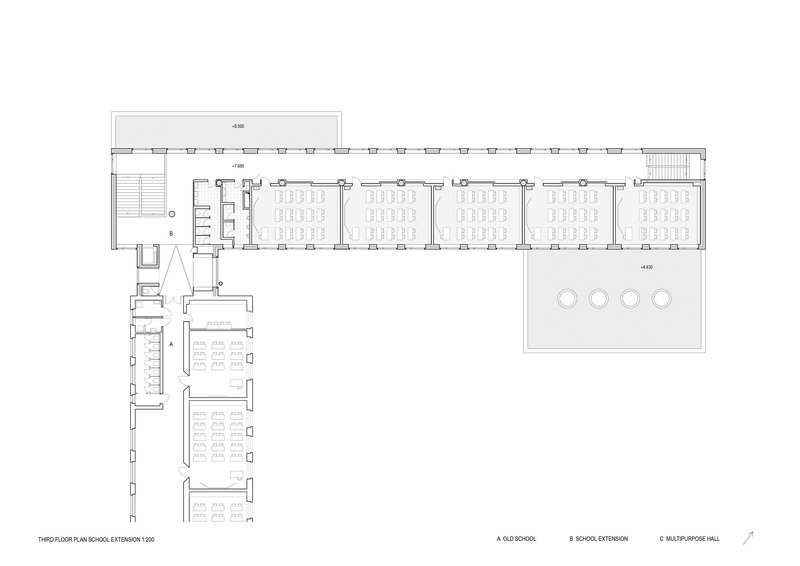 Third floor plan drawing showing five classrooms in a linear bar with adjacent courtyard terrace