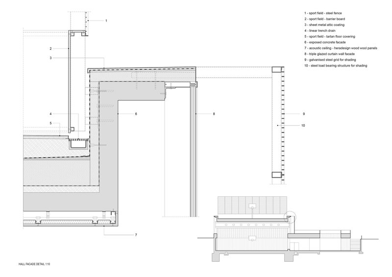 Hall facade detail drawing showing the vertical slatted roof structure and wall assembly layers