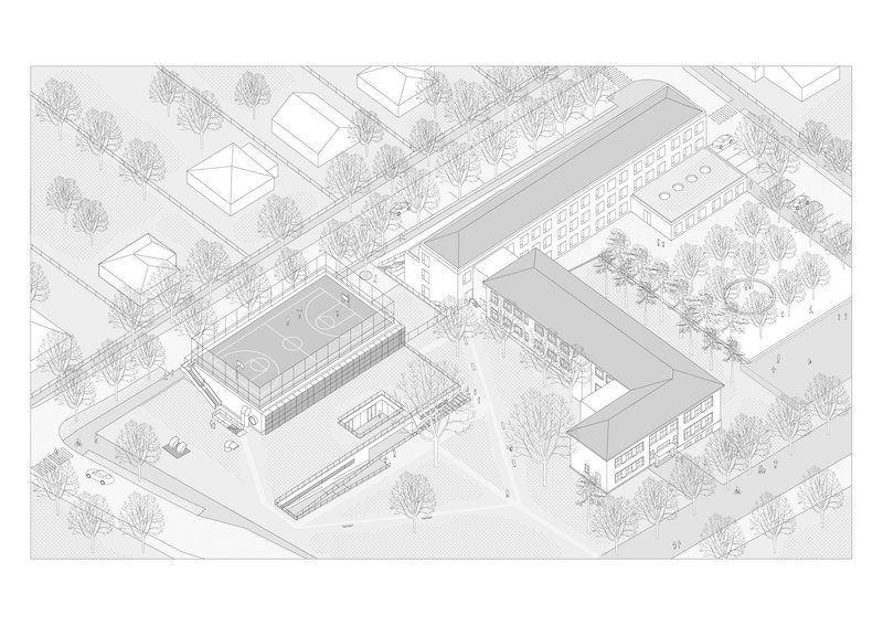 Axonometric drawing showing three building volumes and sport court in a tree-lined campus