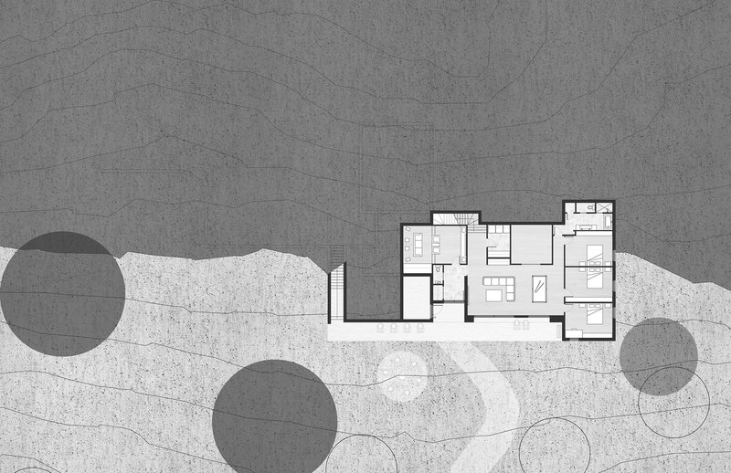 Section drawing showing the interior room arrangement cut through the sloping landscape with adjacent trees