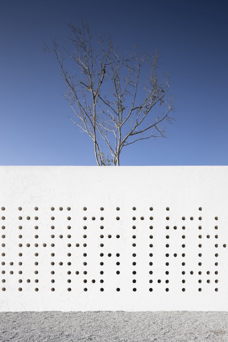 White perforated wall with circular openings and a bare tree emerging from behind under a clear blue sky