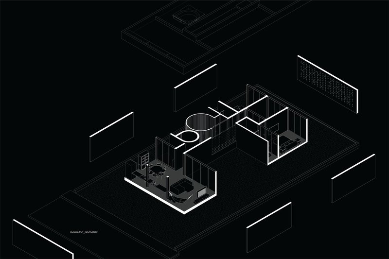 Axonometric drawing revealing interior spaces with furniture and circulation paths within a rectangular plan