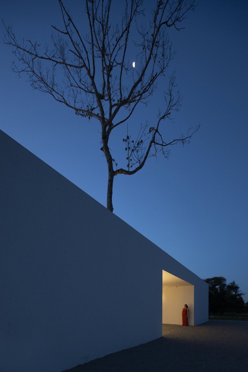 Angled white wall with glowing doorway where a figure in red stands under a bare tree at twilight