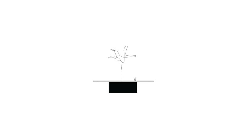 Section drawing showing a tree emerging from a rectangular volume with a figure for scale
