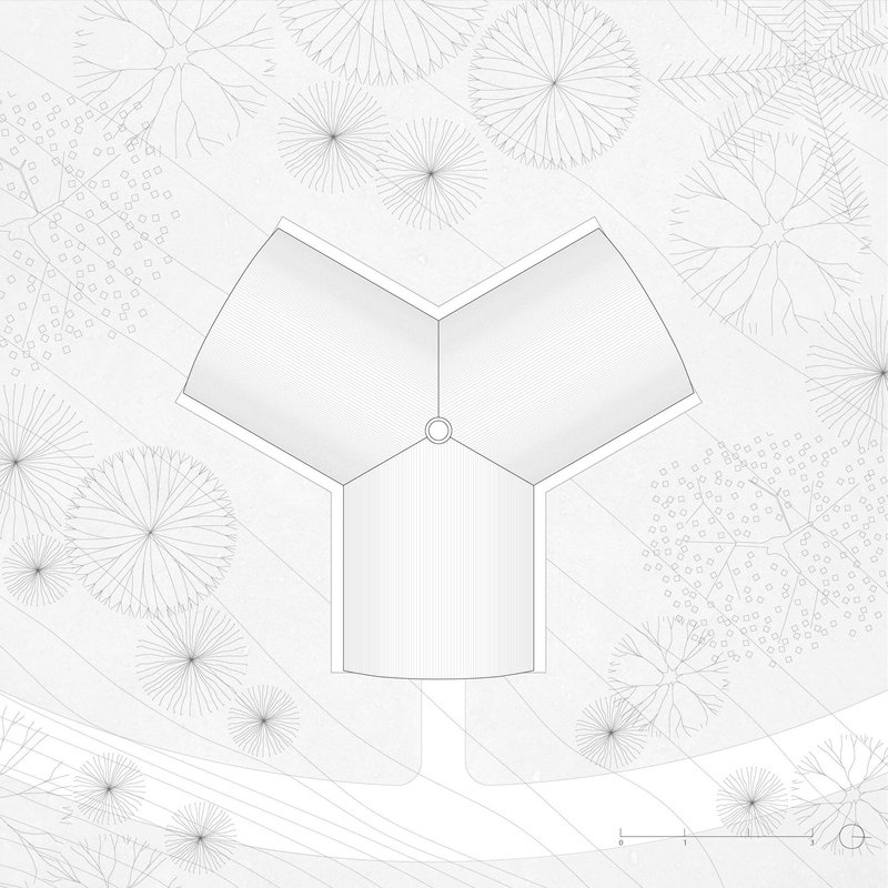 Site plan drawing showing three-lobed roof structure surrounded by circular tree canopy patterns