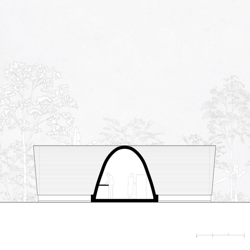 Elevation drawing of arched entrance portal flanked by horizontal volumes with trees in background