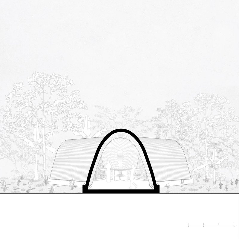 Elevation drawing showing vaulted roof structure with central arch opening and surrounding trees