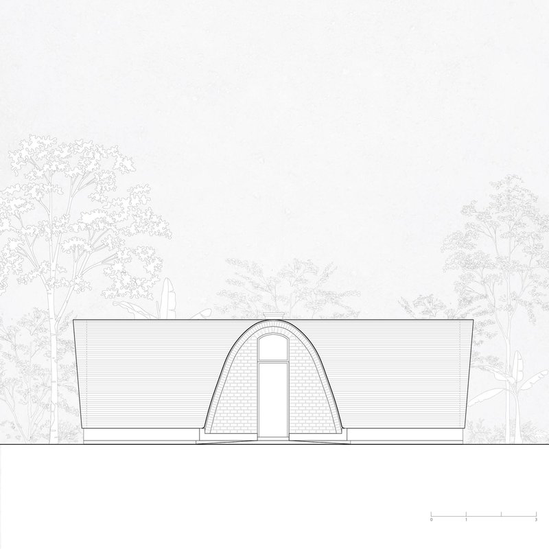 Elevation drawing depicting arched entrance with textured surfaces and rectangular door in landscape context