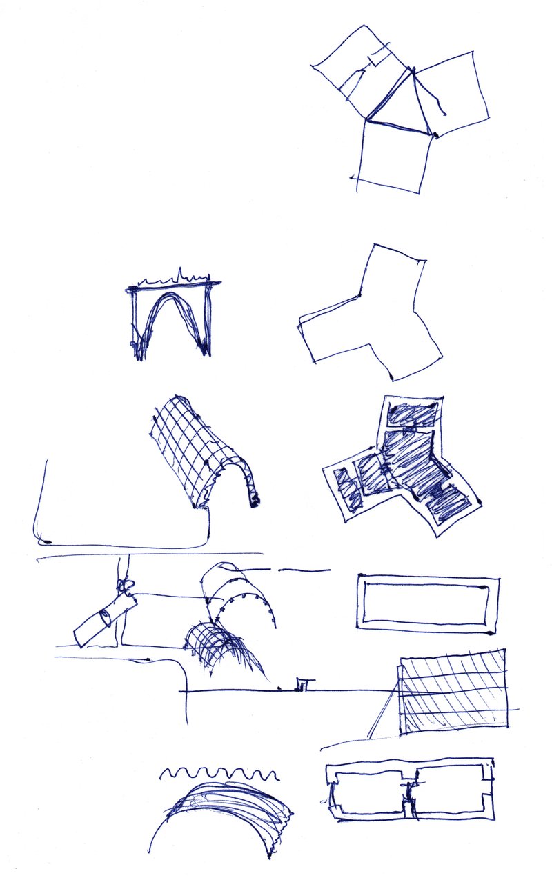 Sketch studies exploring various roof forms, vaults, and structural details in loose linework
