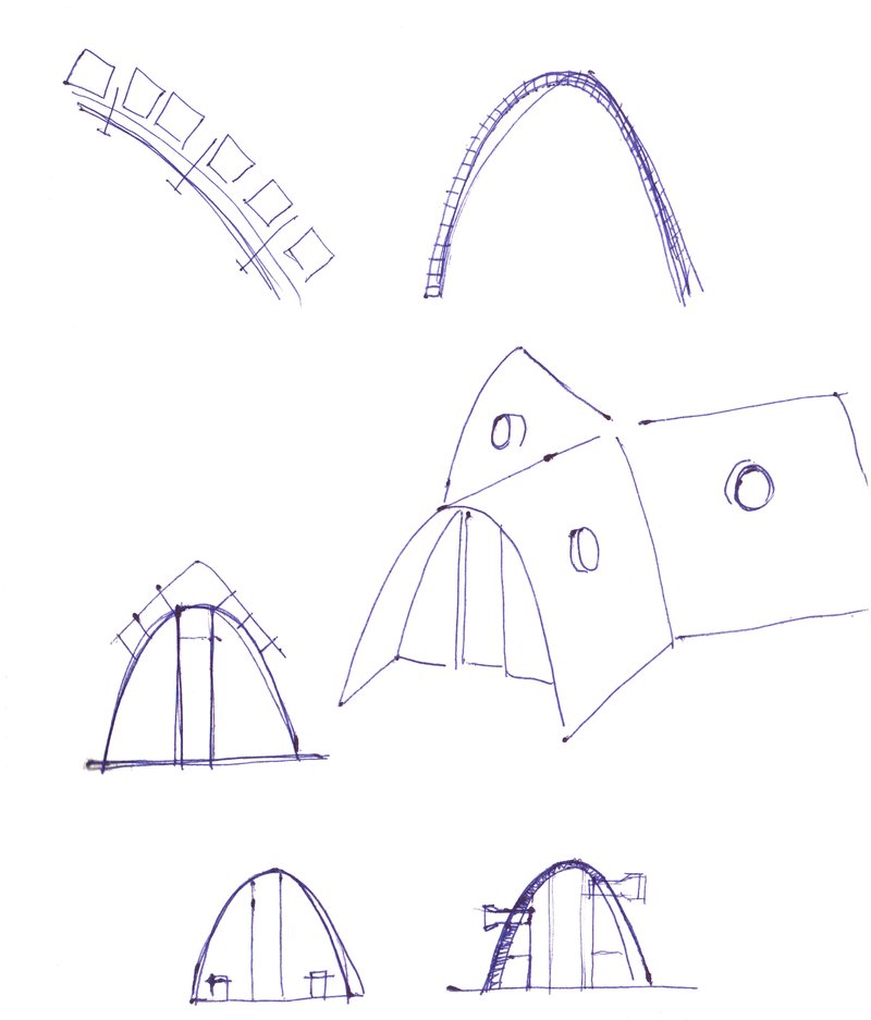 Sketch studies showing arched forms, entrance elevations, and cross-sections with hatched structural elements