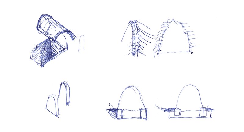 Sketch studies showing axonometric and section views of curved vaulted roof forms with structural ribs