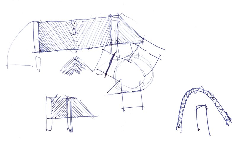 Sketch explorations depicting sectional views of various arched and vaulted structural systems with hatched shading