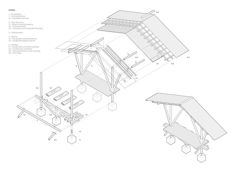 Exploded axonometric drawing illustrating foundation system, structural framing, and layered roof assembly