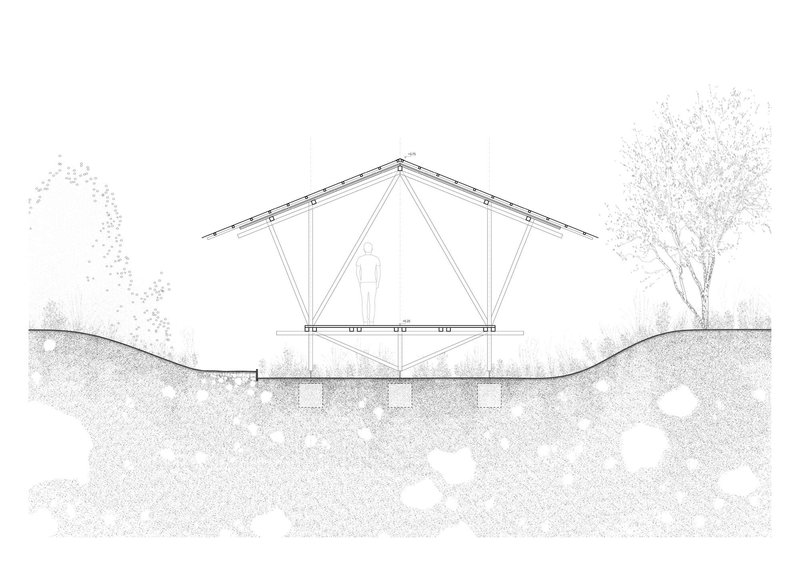 Section drawing showing triangular timber truss spanning between pier foundations in sloping terrain