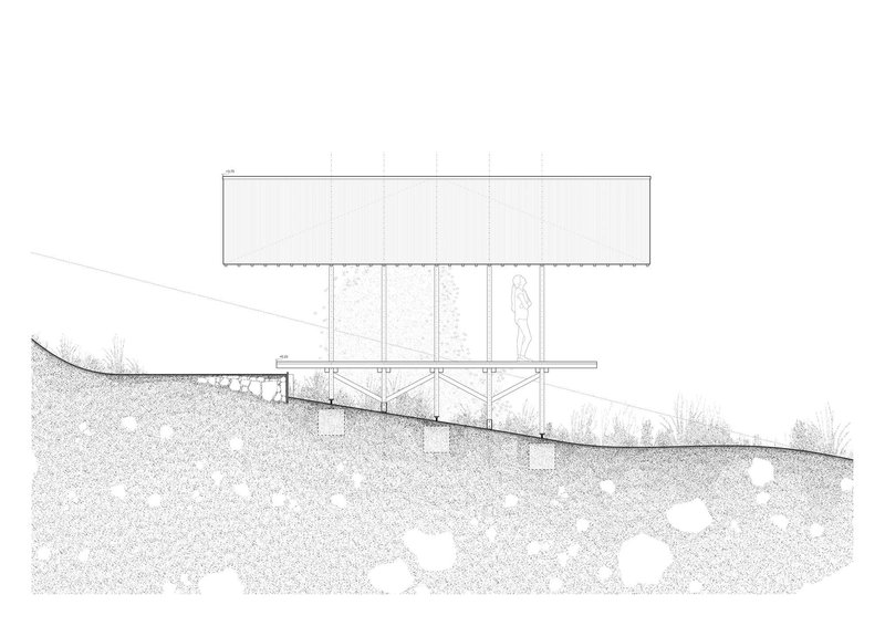 Section drawing showing elevated platform on crossed timber bracing above sloped ground