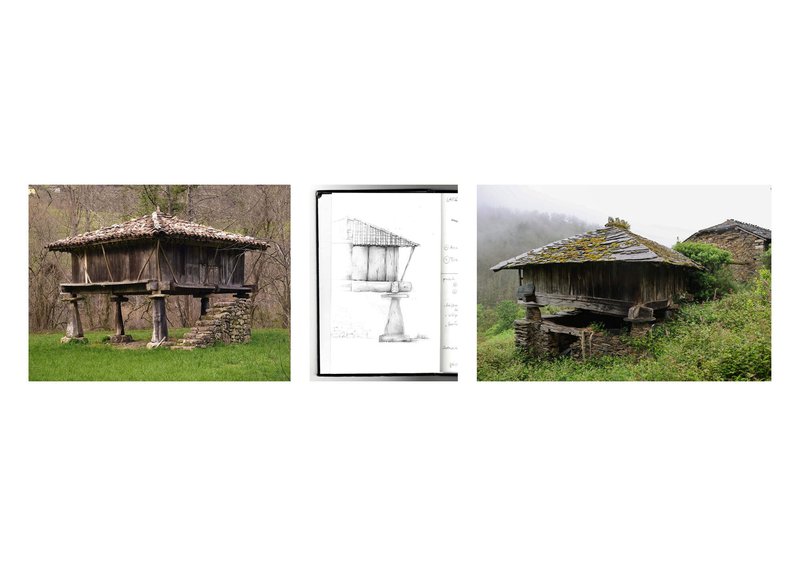 Triptych showing timber granary on stone piers, elevation drawing with annotations, and moss-covered structure in fog