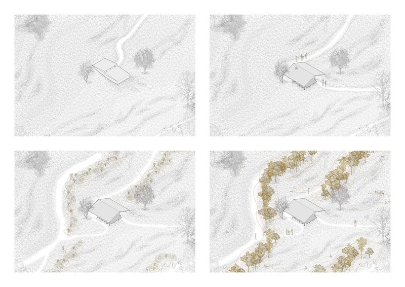 Four aerial site plan views showing seasonal planting progression along a curved access road
