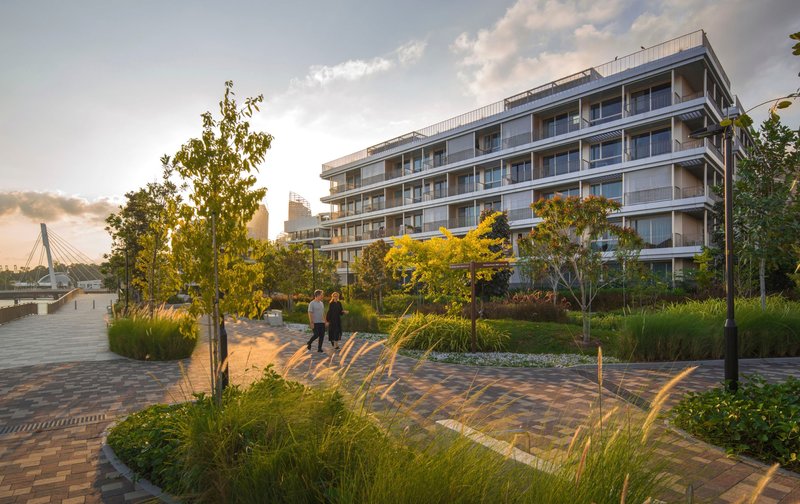 Landscaped public plaza with young trees, grasses and paving at sunset with two figures walking