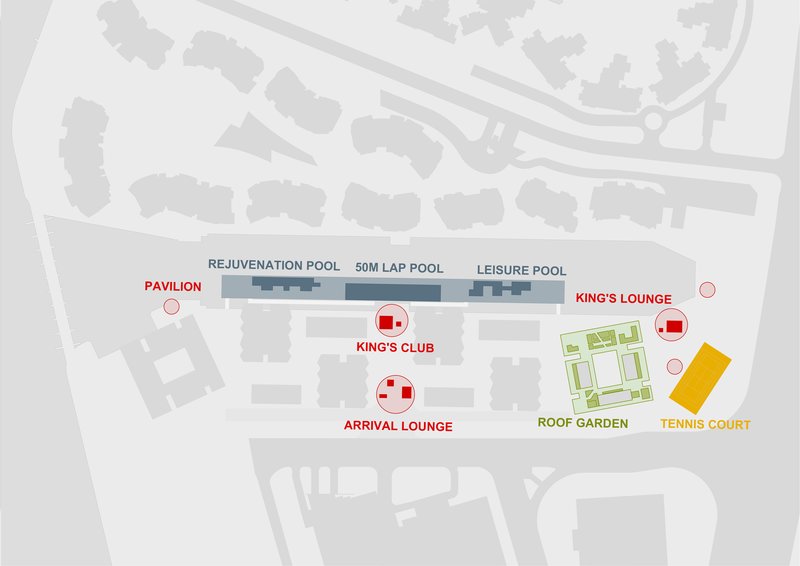 Amenity plan diagram showing pool facilities, club spaces, roof garden, and tennis court distributed across the site