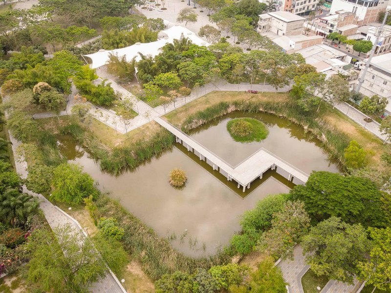 Aerial view of a cross-shaped water basin with elevated walkway and planted perimeter bordered by mature trees