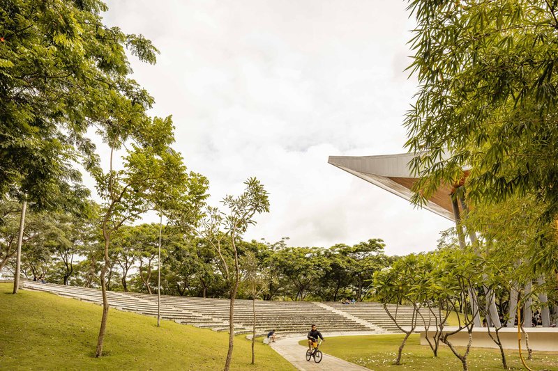 Outdoor amphitheater with concrete terraced seating framed by trees and a cyclist crossing the lawn
