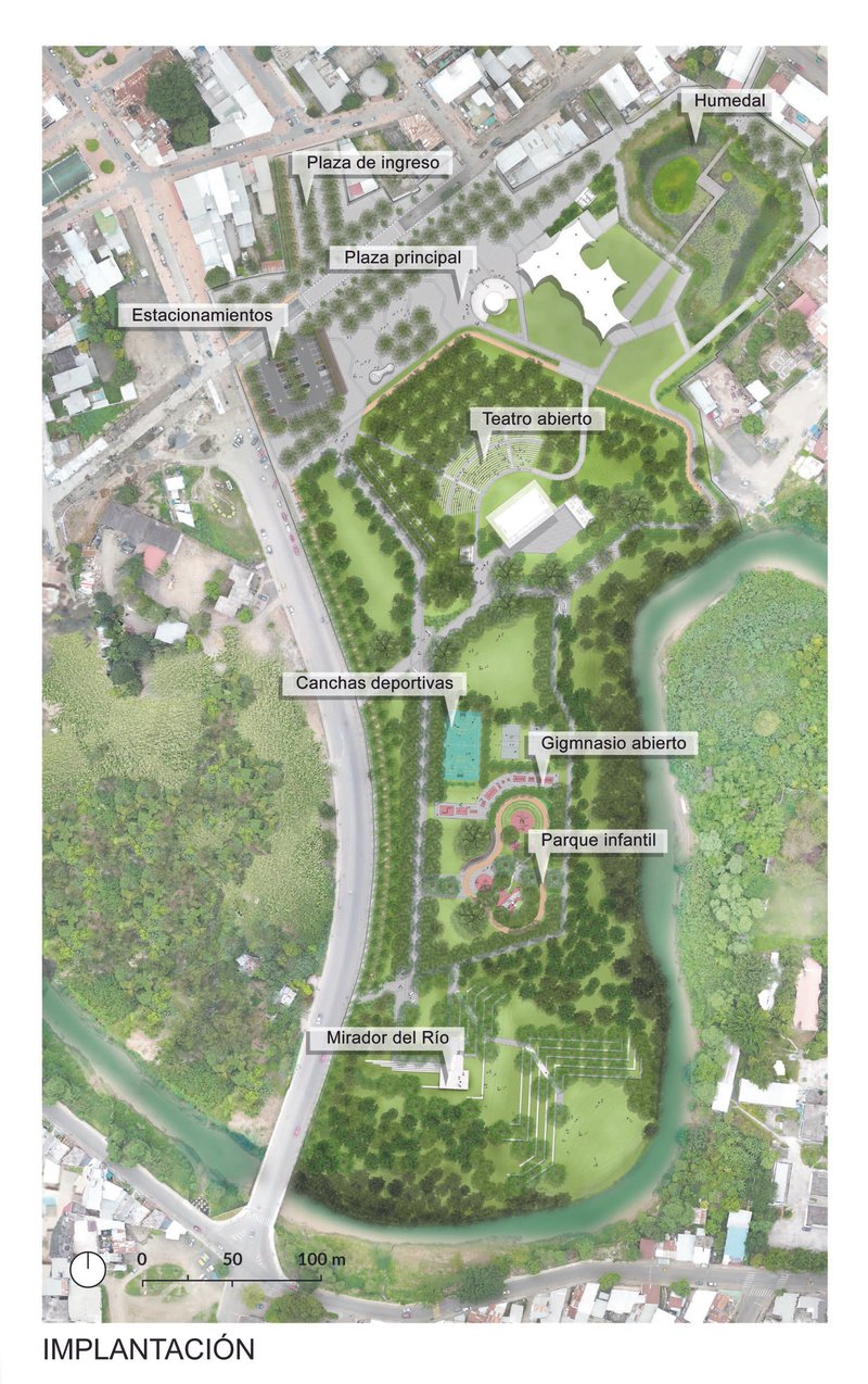 Aerial site plan rendering depicting a landscaped park with plazas, wetlands, sports fields and tree groves