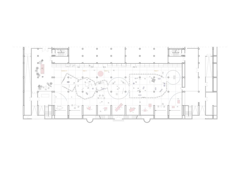 Floor plan drawing revealing curving partitions, circular elements, and rows of columns within a rectangular envelope