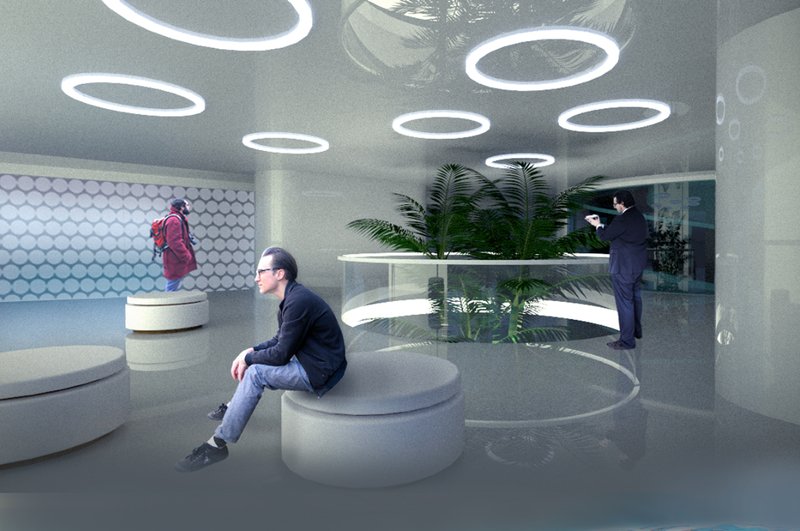 Layered social interior shaped by light rings and fluid spatial continuity.