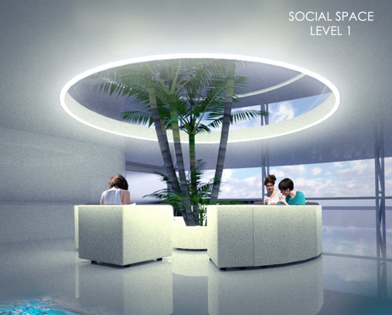 Minimal social space framed by light, water, and calm interaction.