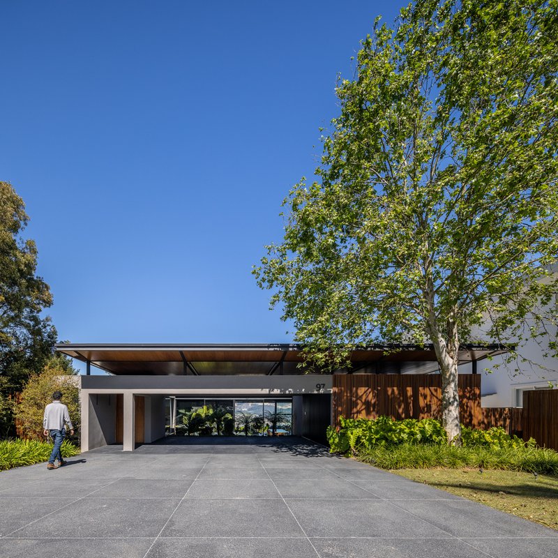 Front facade with vertical timber cladding and deep roof overhang shaded by sycamore tree