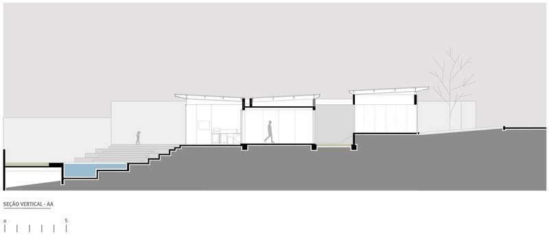 Section drawing showing stepped interior levels descending the slope toward a pool terrace