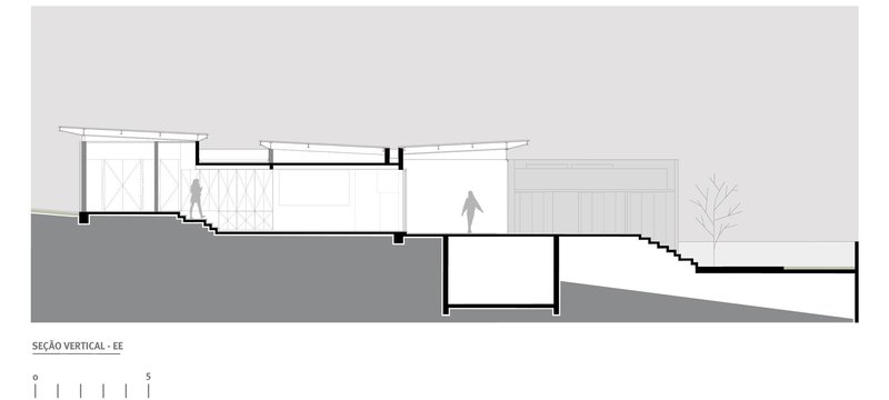 Sectional drawing showing a split-level residence stepping down a sloping site with a central courtyard