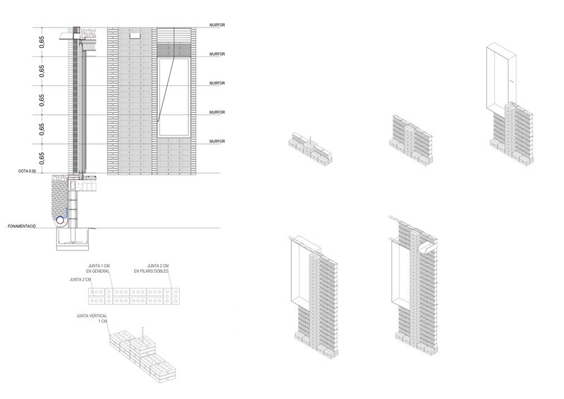 Construction detail and axonometric drawings illustrating the layered brick wall assembly and foundation connection