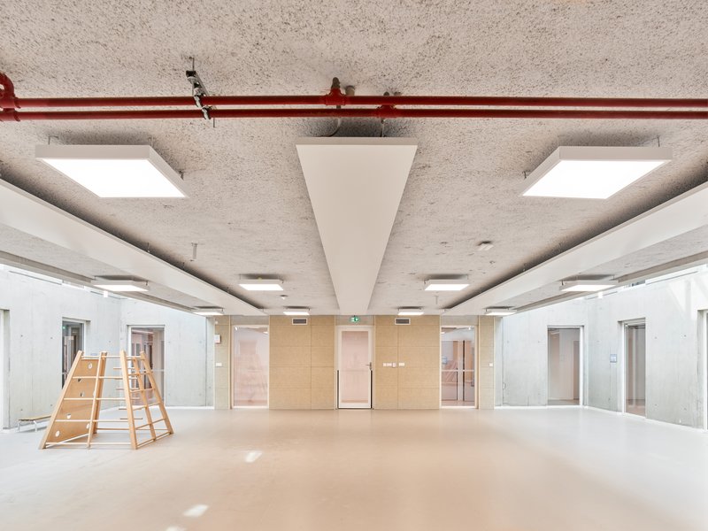 Open room with triangular acoustic panel suspended from the concrete ceiling and timber climbing frame