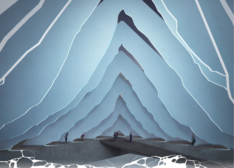 Layered interior geometry translating the iceberg’s form into spatial experience
