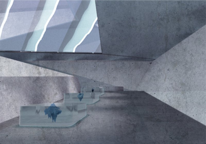 Subterranean gallery where water, sound, and memory shape the exhibition experience