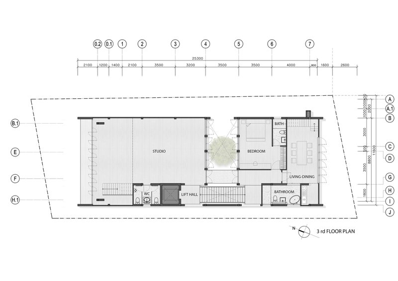Third floor plan showing studio, bedroom, living-dining and bathroom around a central courtyard