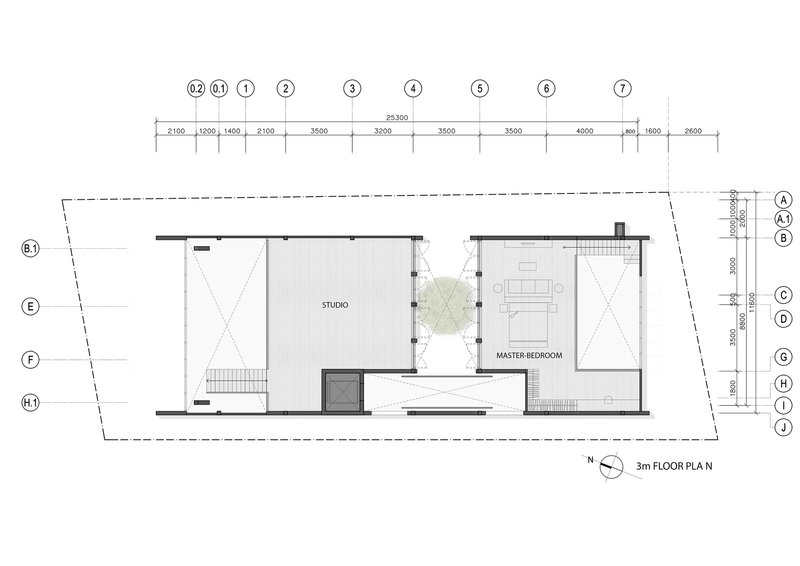 Mezzanine floor plan showing studio and master bedroom separated by a planted courtyard