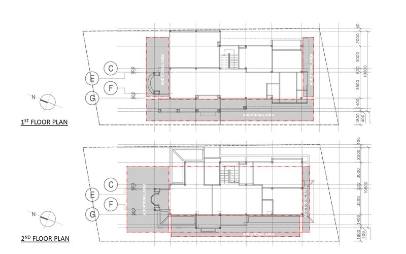 Longitudinal section drawing showing first and second floors with highlighted circulation zones