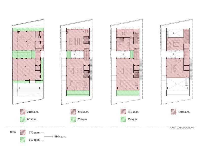 Area calculation diagram showing floor plans color-coded in pink and green with square meter totals