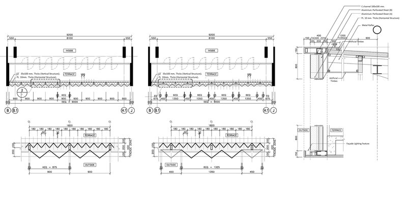 Technical detail sections showing roof assembly with zigzag drainage layer and column connections