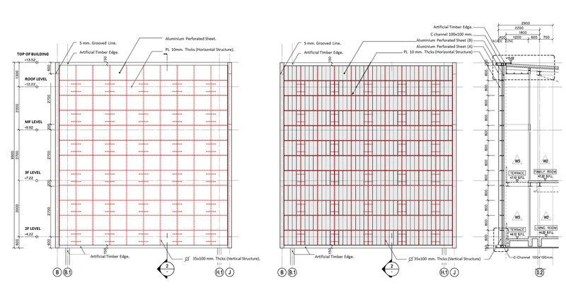 Elevation drawings showing structural grid with perforated metal panels and timber beam layout