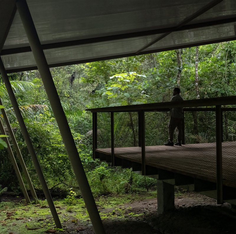 Cantilevered deck with metal mesh railing and figure standing beneath exposed concrete beams