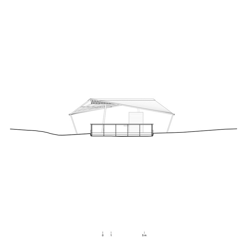 Section drawing of the gabled volume with a central terrace and level grade line
