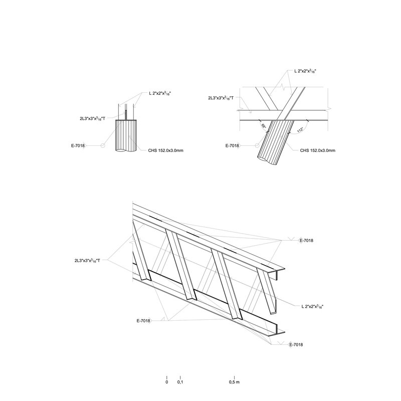 Axonometric drawing showing angled steel column connections with details of tubular and beam assemblies
