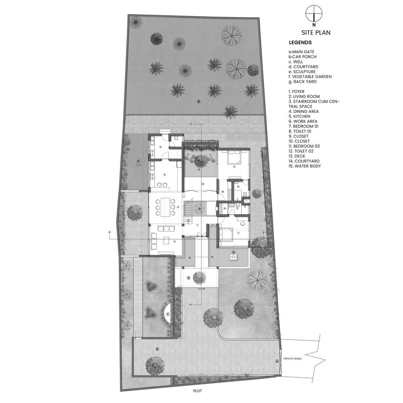 Site plan drawing showing the residence footprint with surrounding landscaped areas and tree locations on a trapezoidal lot
