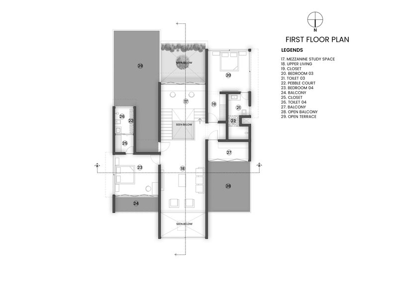 First floor plan drawing indicating upper level rooms arranged around a central skylit stair and open terrace