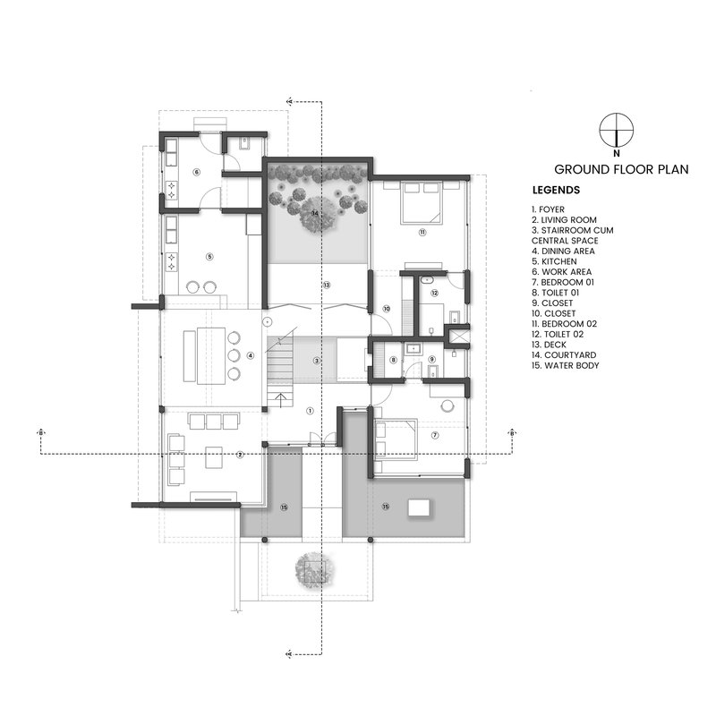 Ground floor plan drawing showing living spaces arranged around a central courtyard with trees