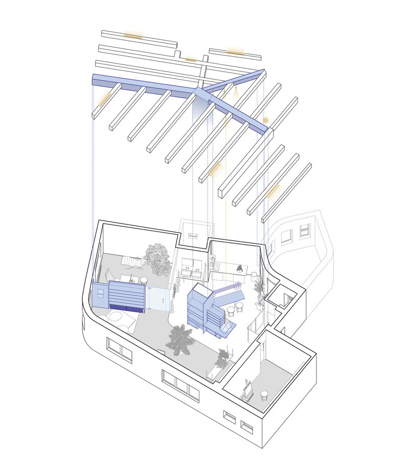 Axonometric drawing showing roof pergola beams above a courtyard with planted trees and interior rooms