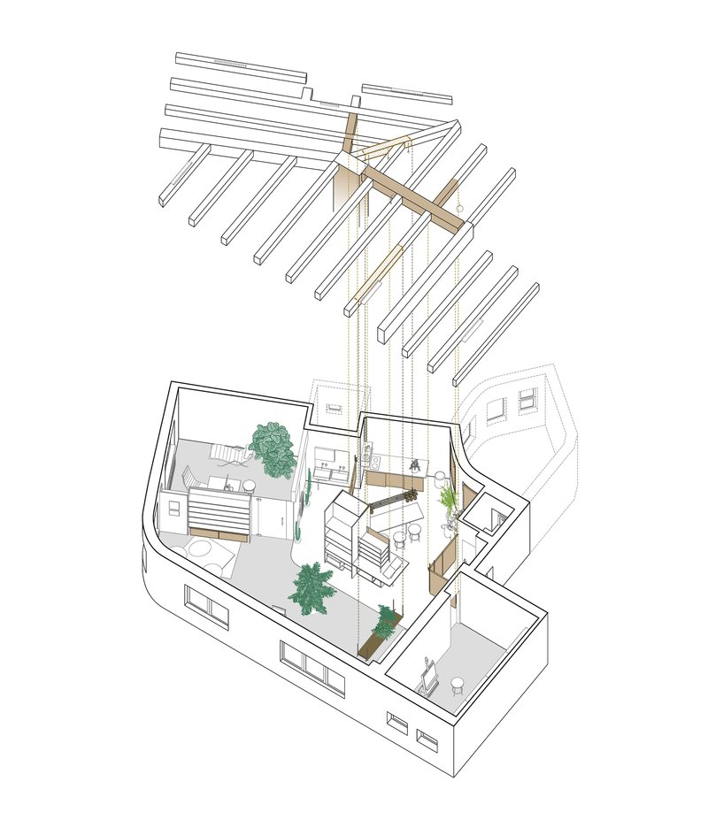 Axonometric drawing revealing timber structure connecting the pergola to interior volumes with greenery below